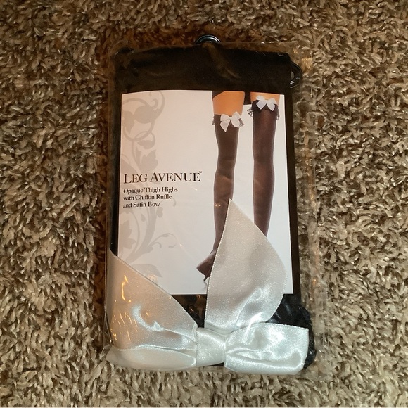 Leg Avenue opaque stockings w/chiffon ruffle & satin bow, black w/white bow, OS - Picture 1 of 12